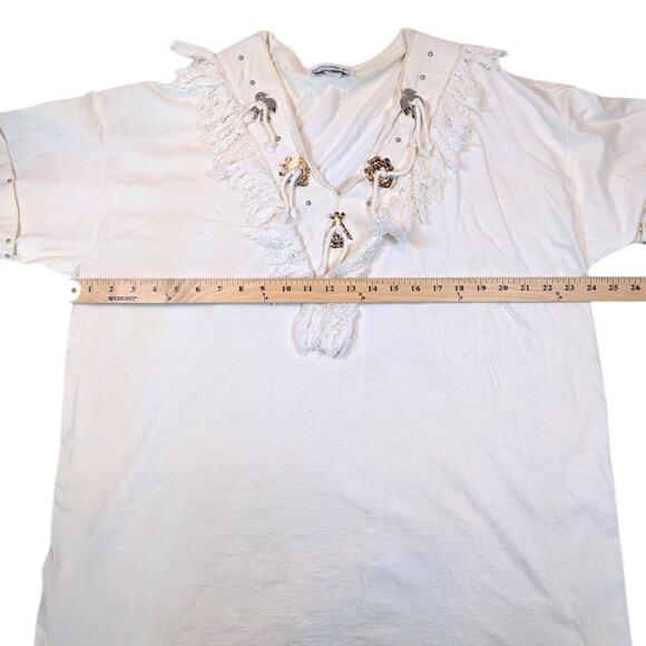 Joanie W. Vintage Southwestern Ivory White Concho Fringe Women’s Oversized Top - Picture 10 of 11